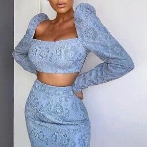 Naked Wardrobe Puff Sleeve Lace Crop Top S Long Sleeve Blue Brocade NEW Tag B98